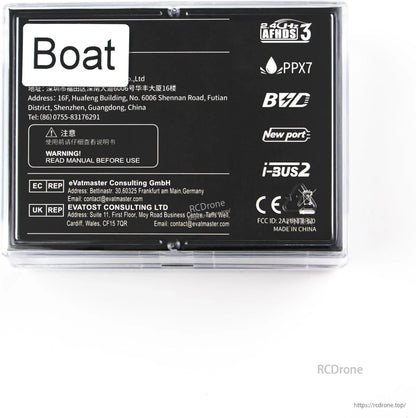 Back of retail package with AFHDS 3, PPX7, i-BUS2 logos and warning text panel