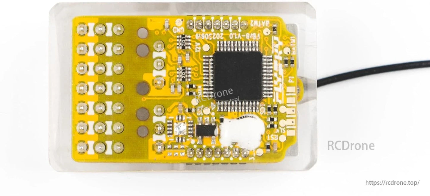 Bottom view of receiver showing exposed PCB with microcontroller and solder pads