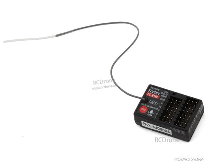 Flysky R11P receiver with long antenna lead and multi-pin port block, top label visible