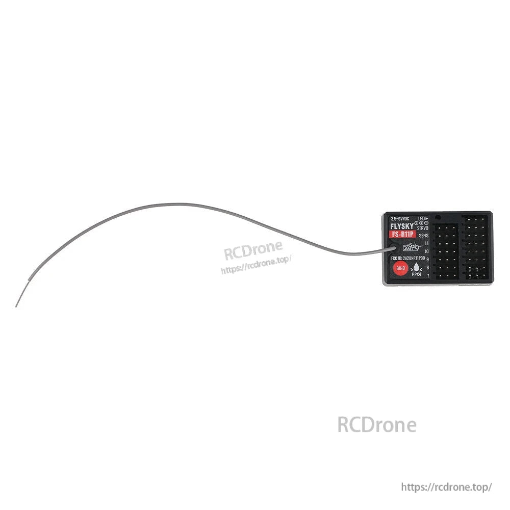FS-R11P receiver with long grey antenna cable extended, top label visible on white background