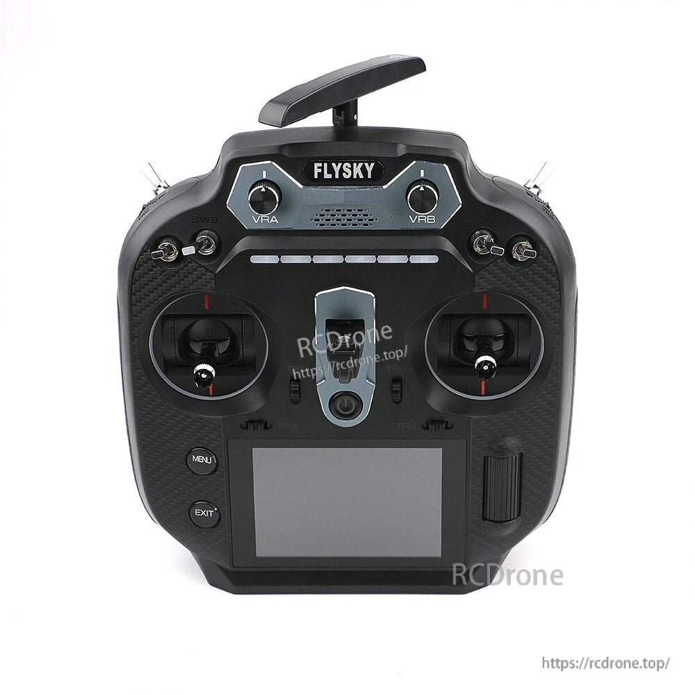 Flysky FS-ST16 EdgeTX radio controller front view showing switches, trims, and large display area