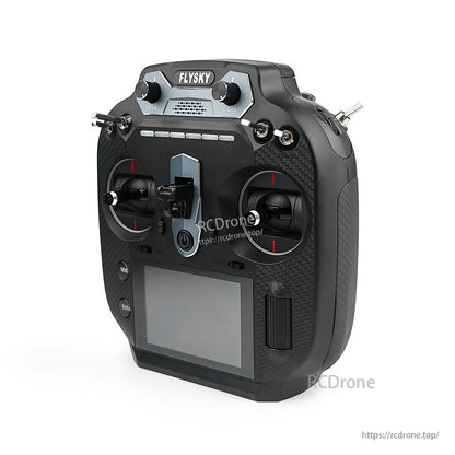 Flysky FS-ST16 radio controller angled front-right view showing side grip texture and switches