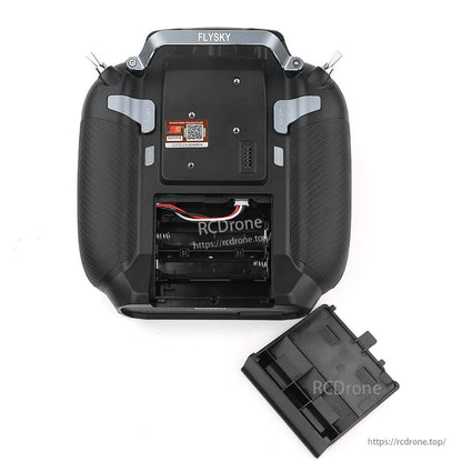 Rear view of Flysky FS-ST16 transmitter with battery compartment open and battery cover removed