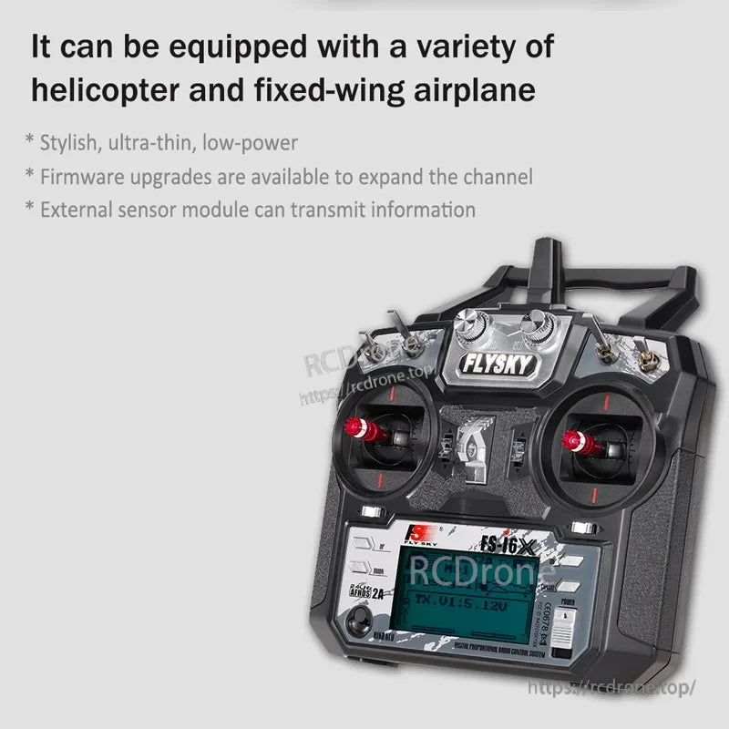 Flysky FS-i6X 2.4GHz 6-channel AFHDS 2A transmitter front view with backlit LCD for RC models