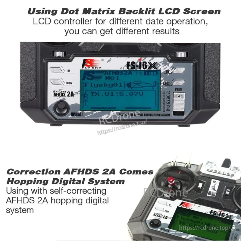 FS-i6X dot-matrix backlit LCD close-up with AFHDS 2A system interface and menu buttons