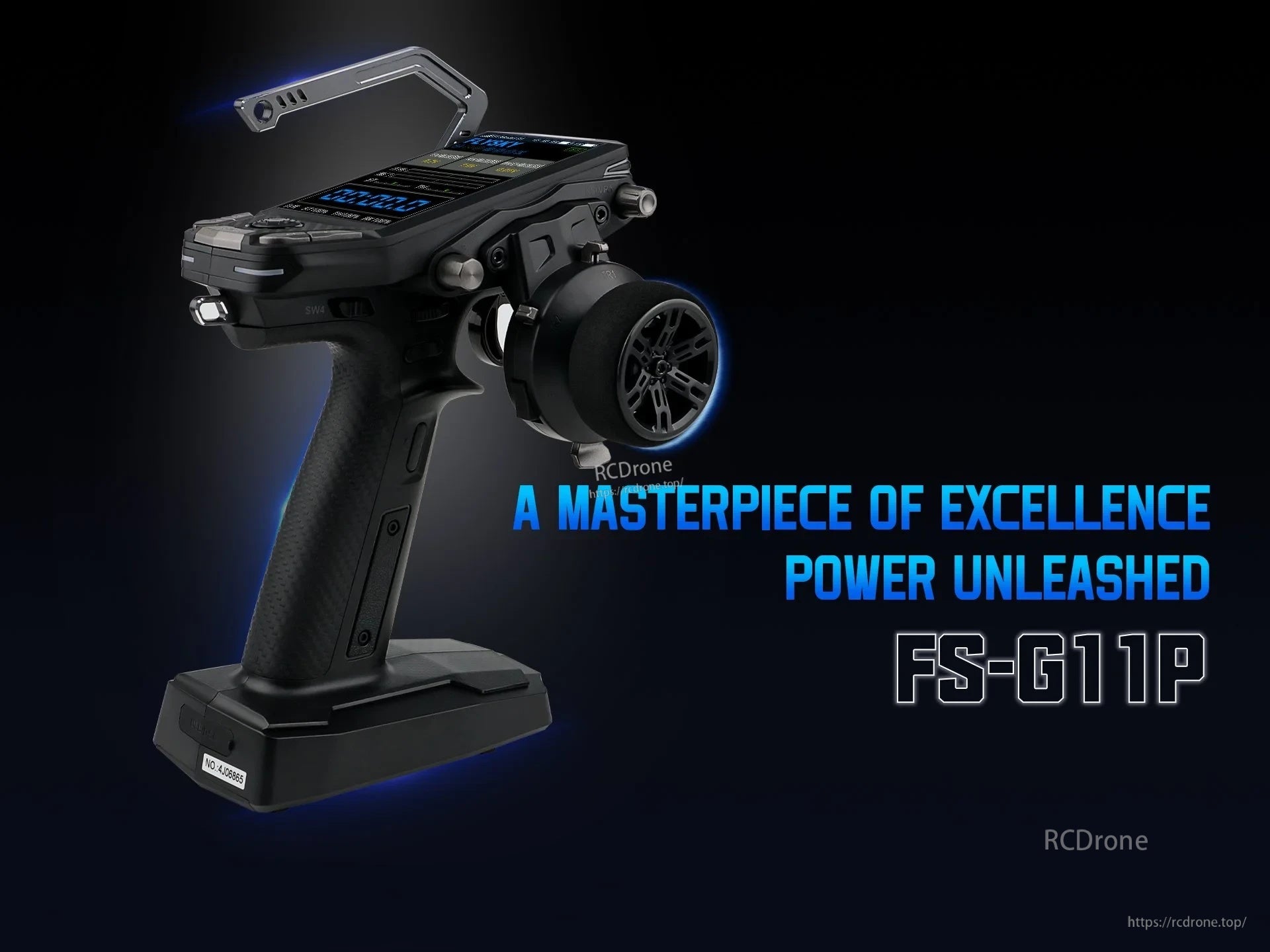 Flysky FS-G11P ANT 11-channel 2.4GHz surface transmitter hero view with handwheel and screen