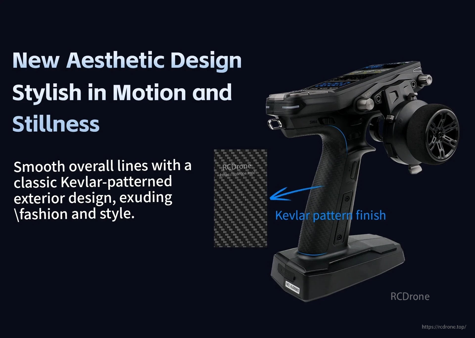FS-G11P surface transmitter with Kevlar-pattern finish highlighted on the grip and body exterior