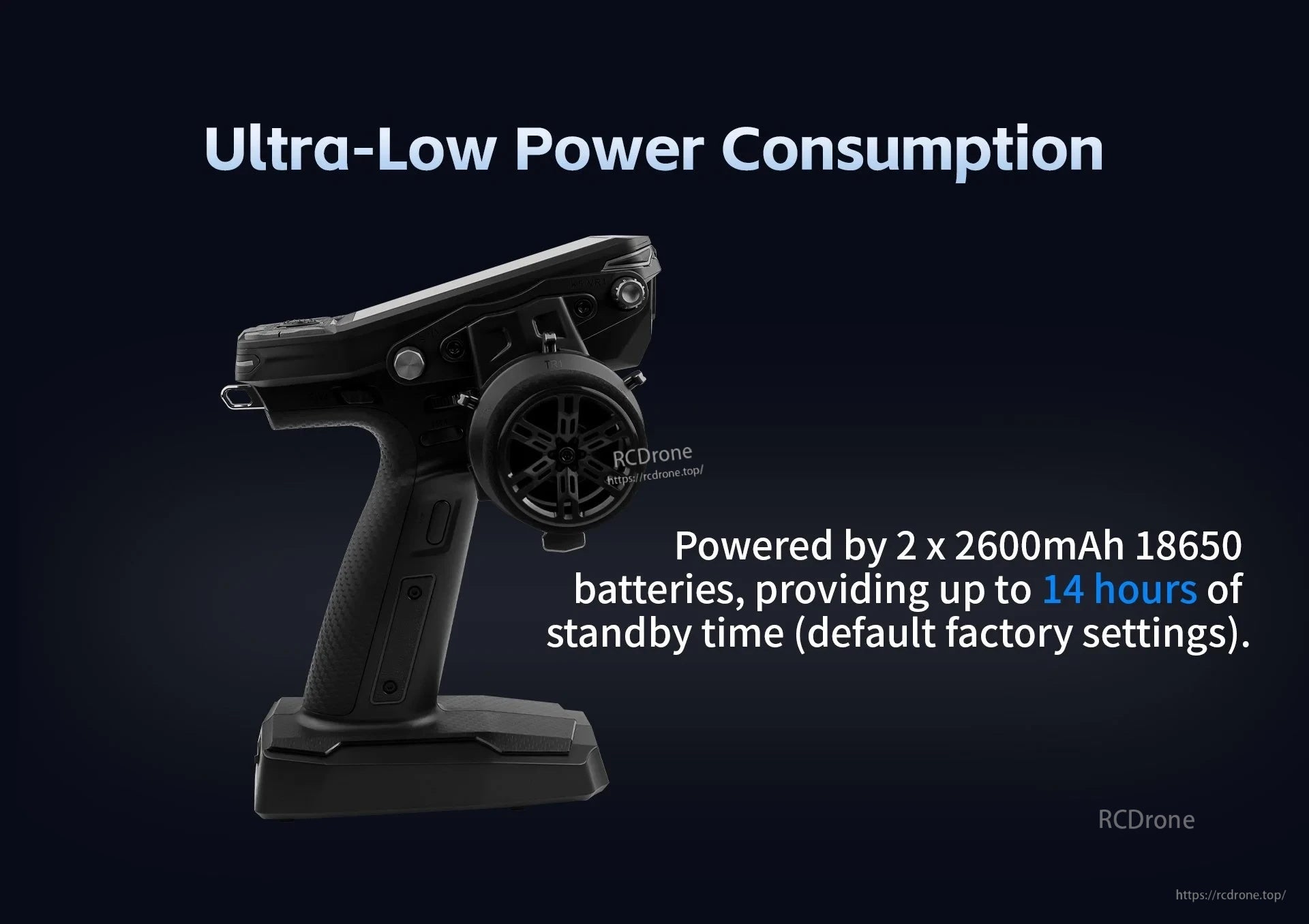 Flysky FS-G11P low power consumption graphic noting up to 14 hours standby with two 18650 batteries