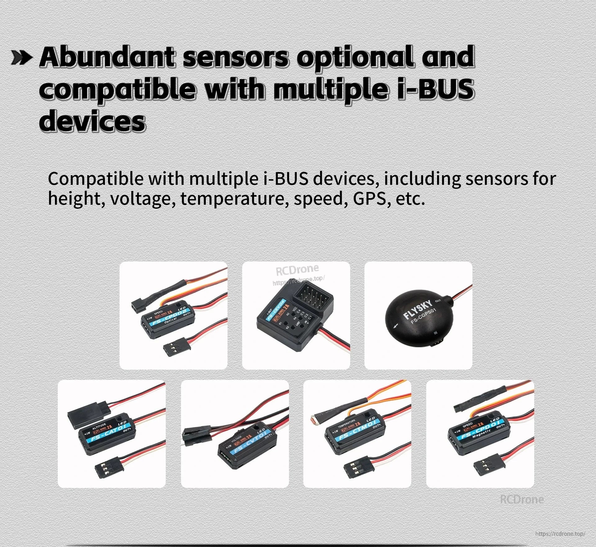 Graphic listing optional Flysky i-BUS compatible sensors and modules, including voltage, temperature, speed and GPS options