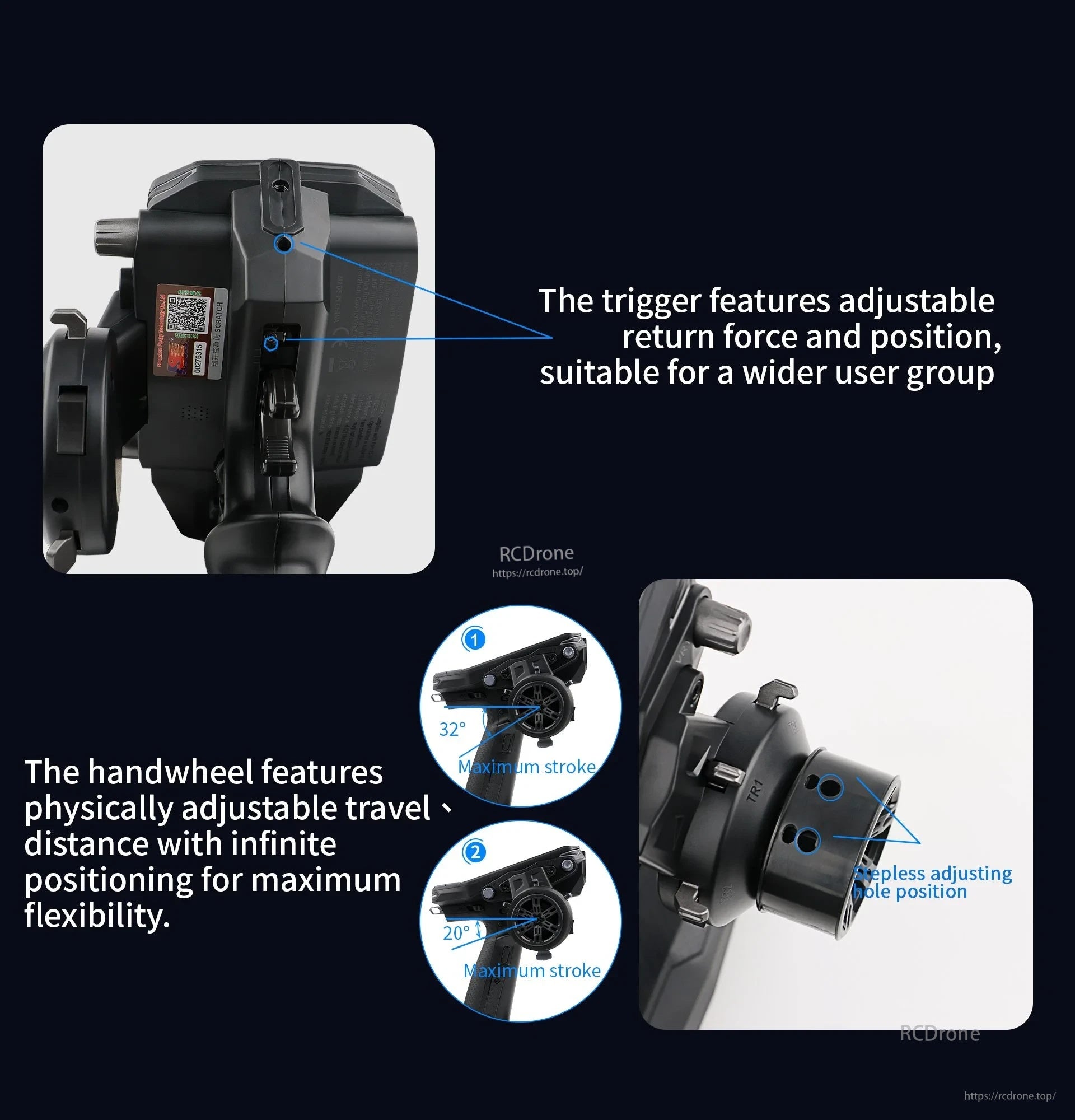 FS-G11P trigger and handwheel adjustment points, including adjustable return force and wheel travel range