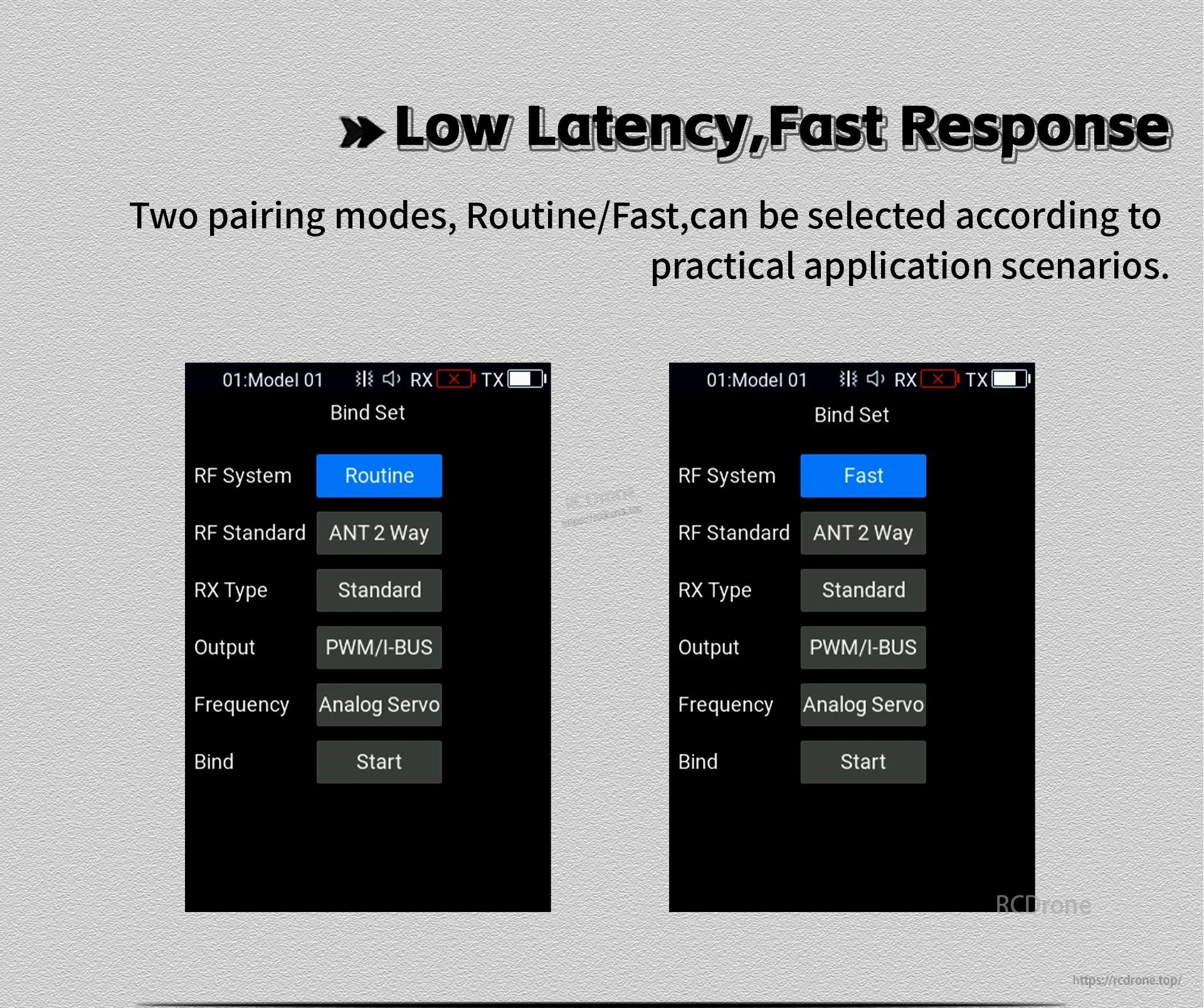 FS-G11P pairing mode menu showing Routine and Fast options for low latency response preferences