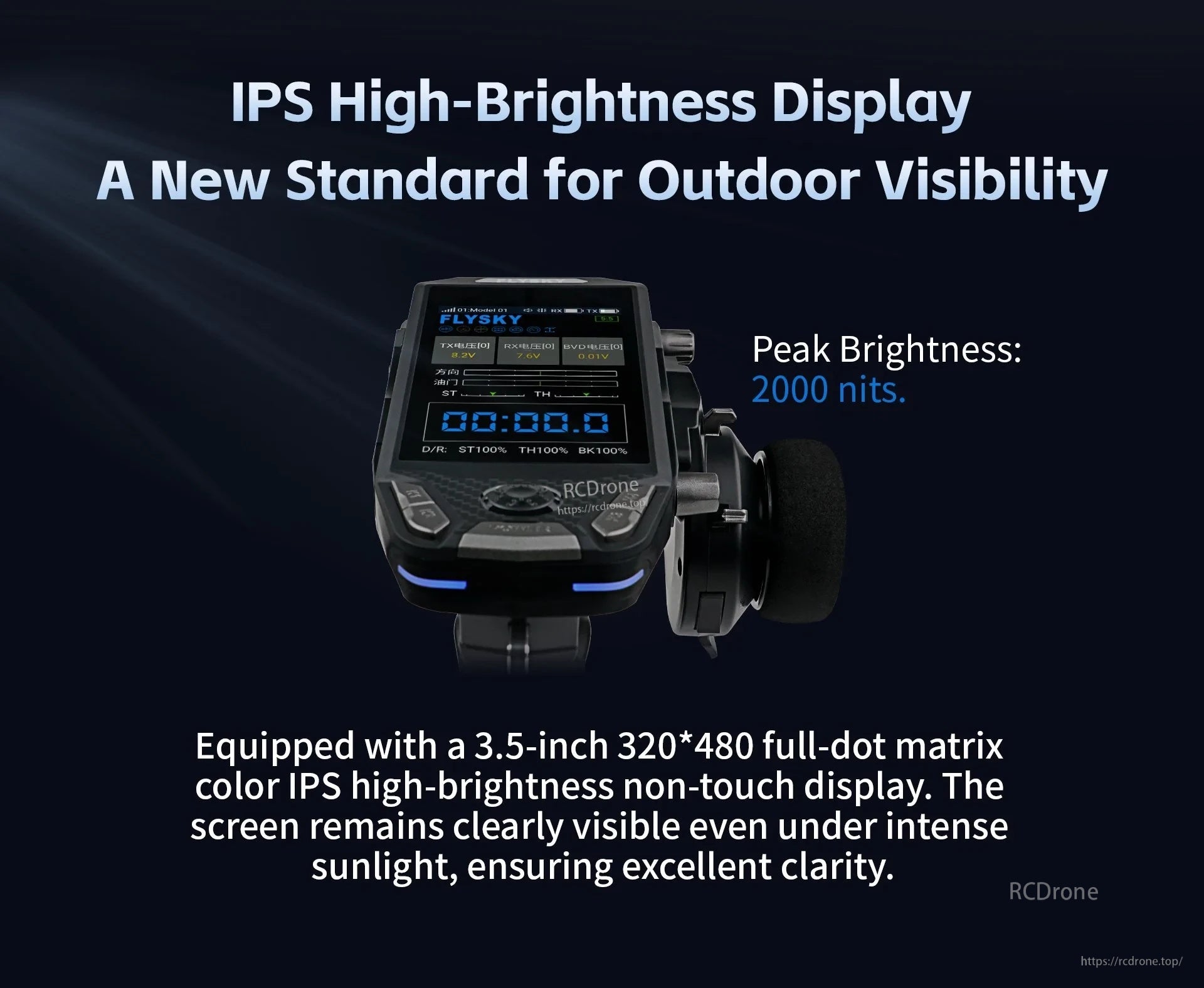 Front view of FS-G11P transmitter highlighting 3.5-inch IPS color display with 2000-nit peak brightness