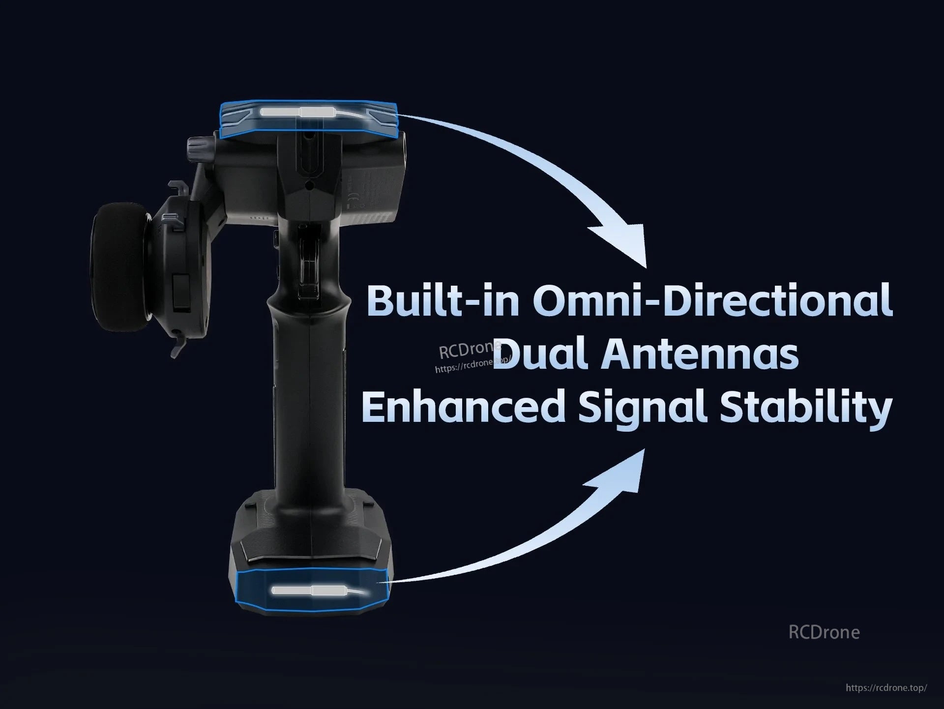 Rear view of Flysky FS-G11P showing built-in omni-directional dual antennas for stable 2.4GHz signal
