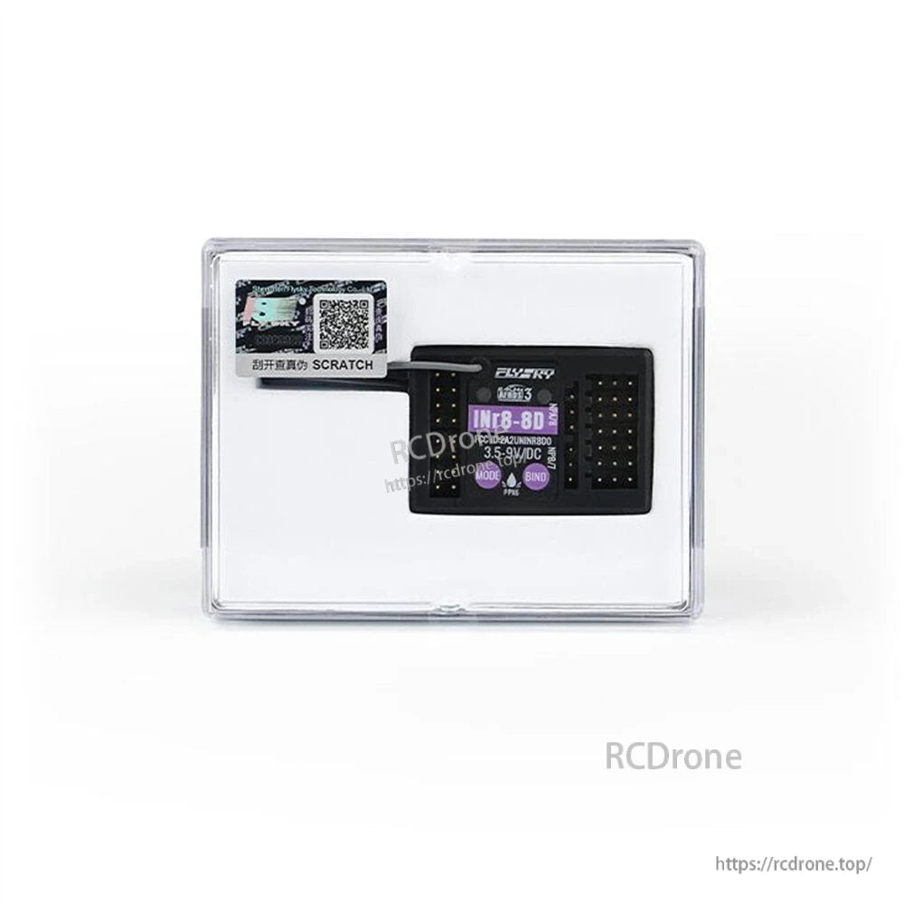 Receiver inside clear plastic storage case with scratch/QR code label included