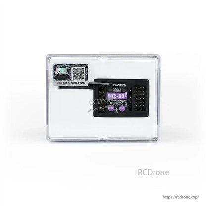 Receiver inside clear plastic storage case with scratch/QR code label included