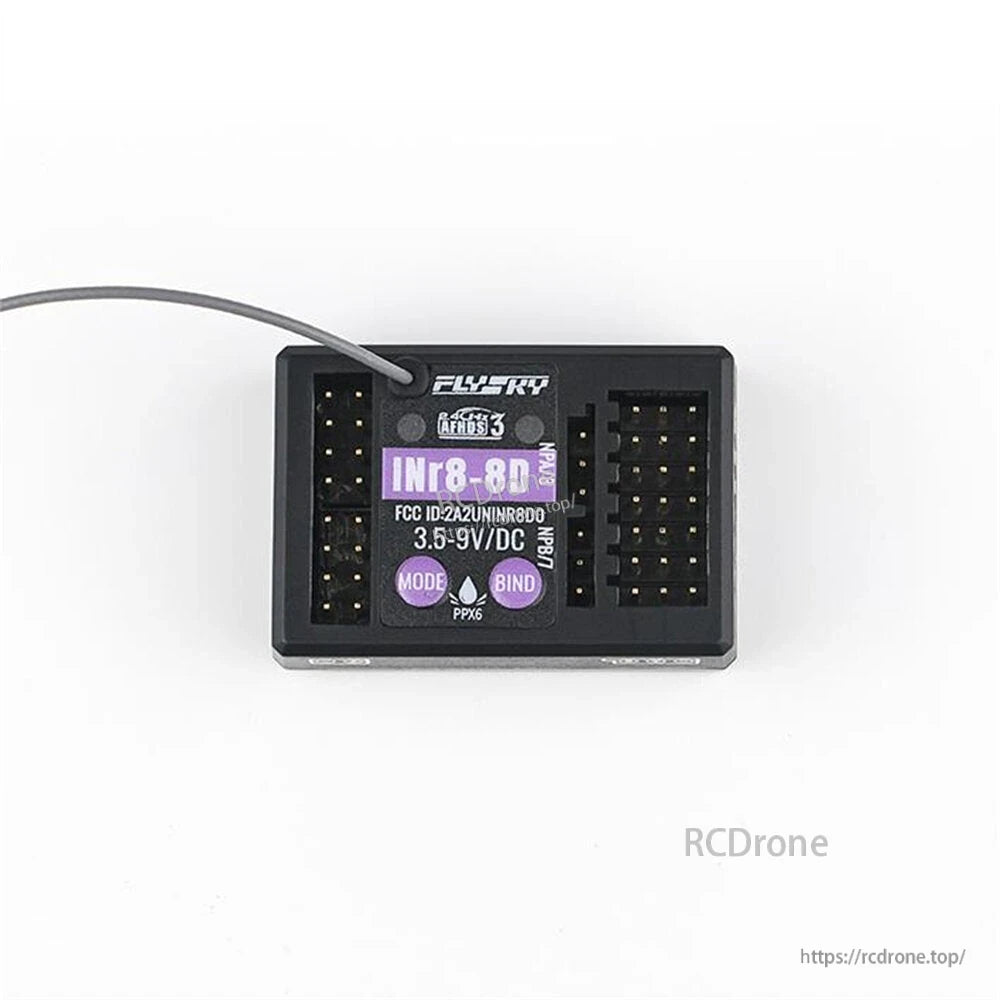 Top-down view of receiver showing INr8-8D label, AFHDS 3 marking, and dual pin headers