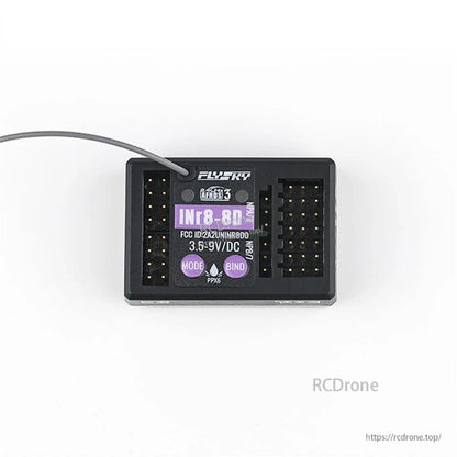 Top-down view of receiver showing INr8-8D label, AFHDS 3 marking, and dual pin headers