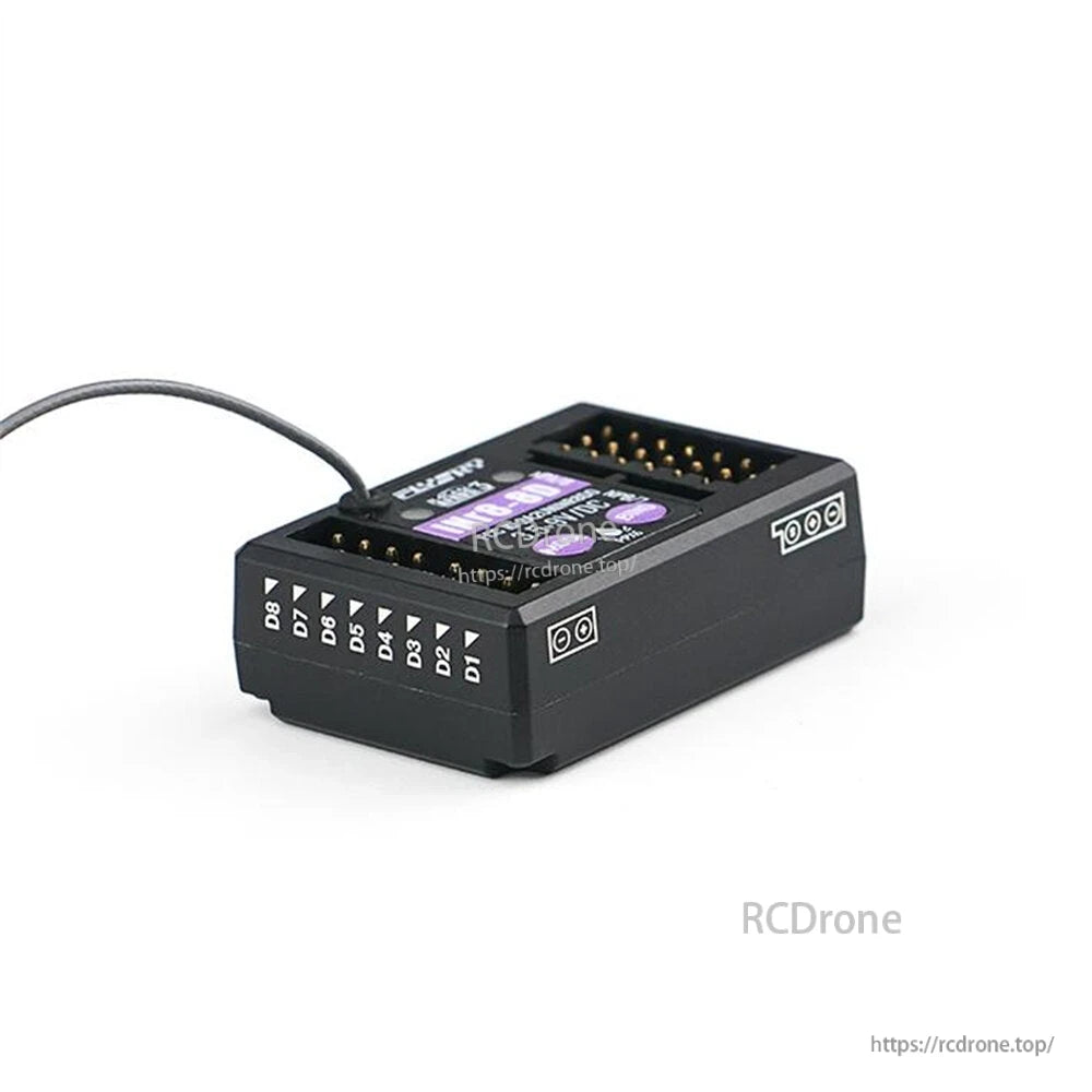 Low side view of INr8-8D receiver showing numbered channel markings along the edge and antenna lead
