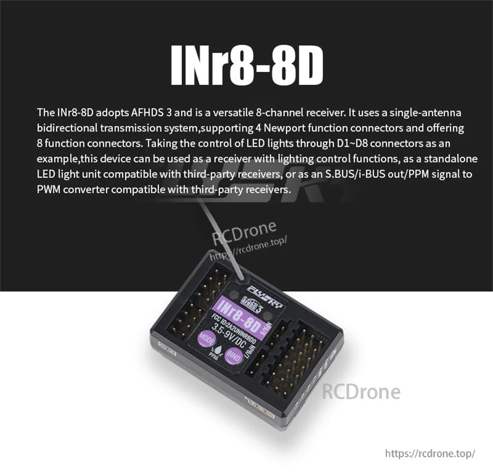 Flysky INr8-8D AFHDS 3 2.4GHz 8-channel waterproof RC receiver with D1–D8 LED lighting outputs