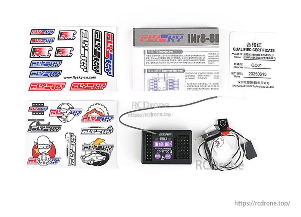 What’s included with Flysky INr8-8D receiver: manual, QC card, sticker sheets, and BVD harness