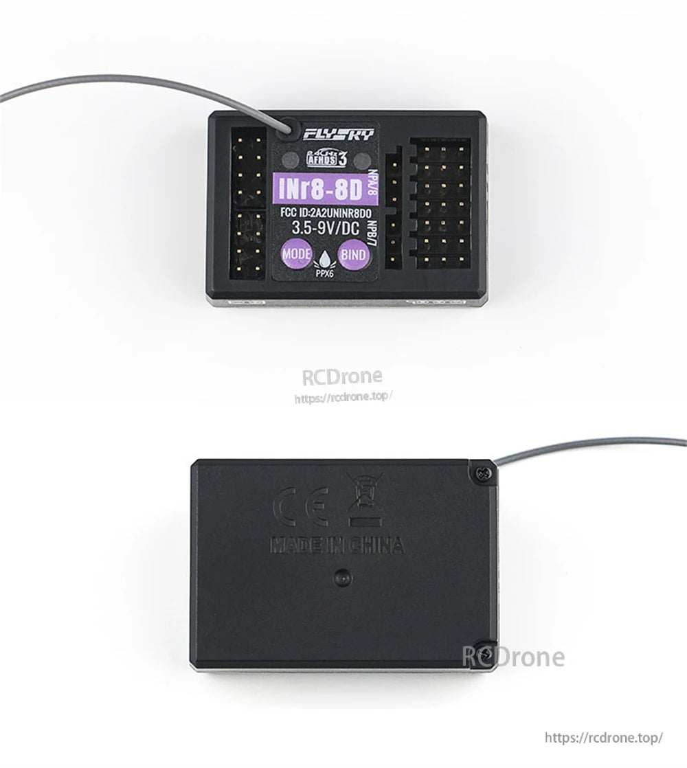 Flysky INr8-8D receiver top label and underside view with single antenna lead