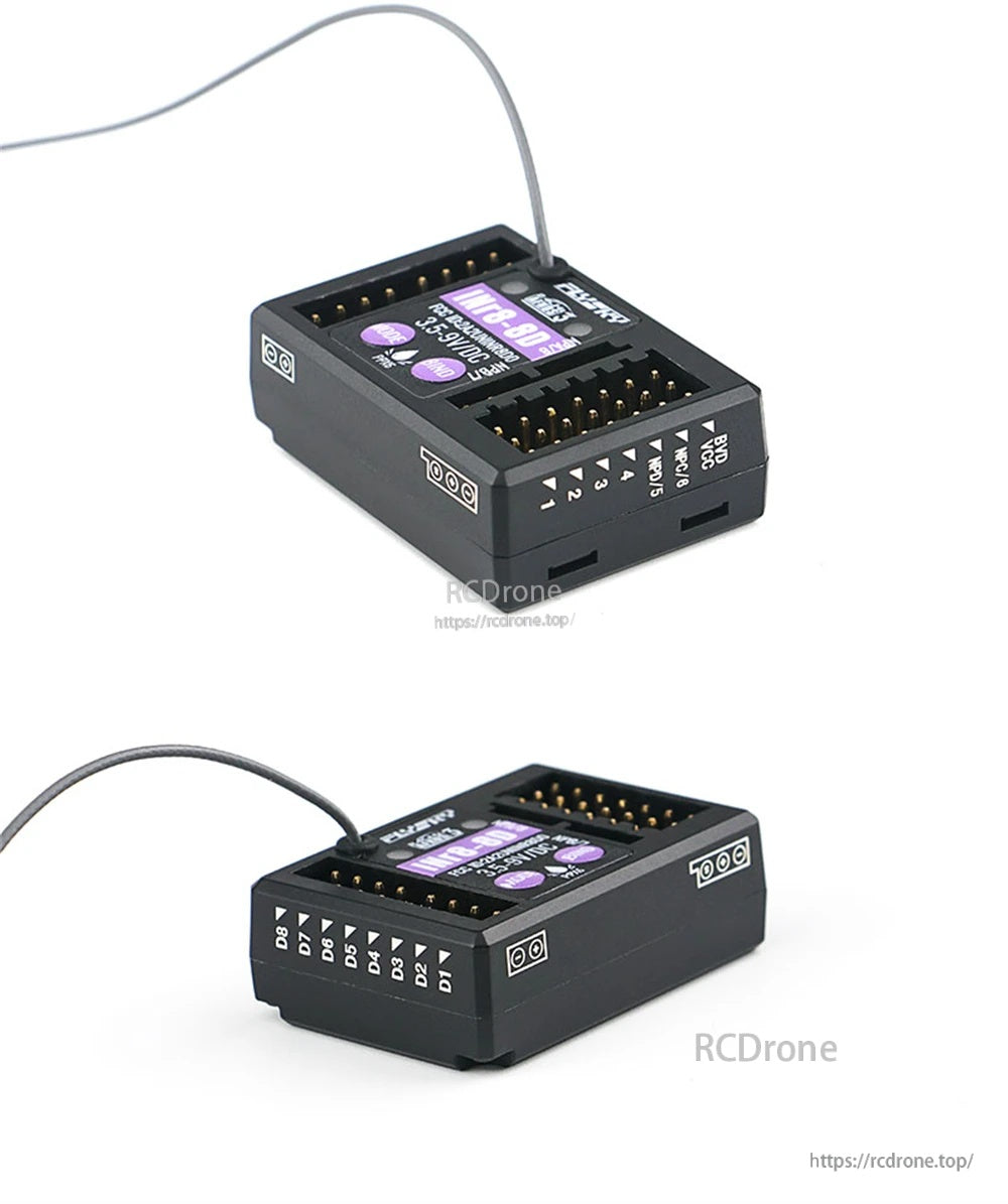 Angled views of the INr8-8D receiver showing side markings and connector layout