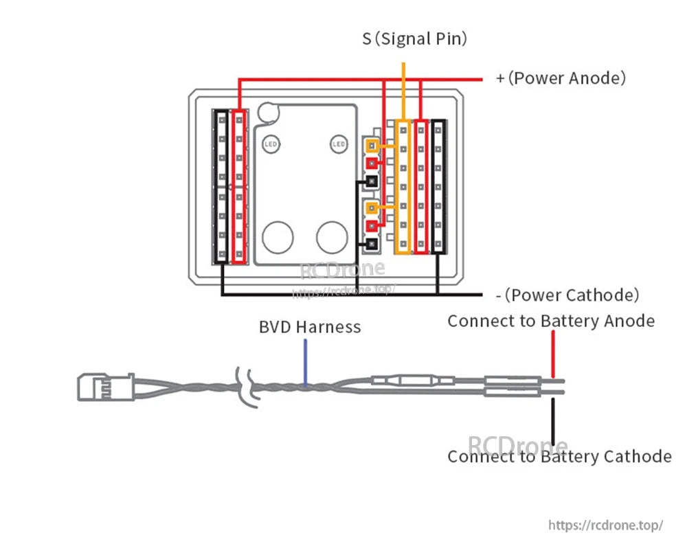 BVD harness wiring guide for the INr8-8D, indicating signal pin and battery anode/cathode connections