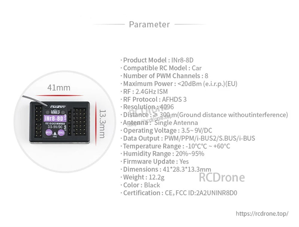 INr8-8D parameter list with dimensions 41 × 28.3 × 13.3 mm and key specs overview