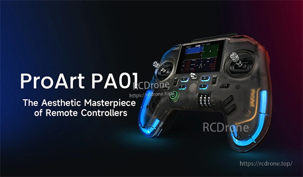 Flysky ProArt PA01 2.4GHz RC radio controller with 2.4in IPS screen, Hall gimbals and RGB lighting