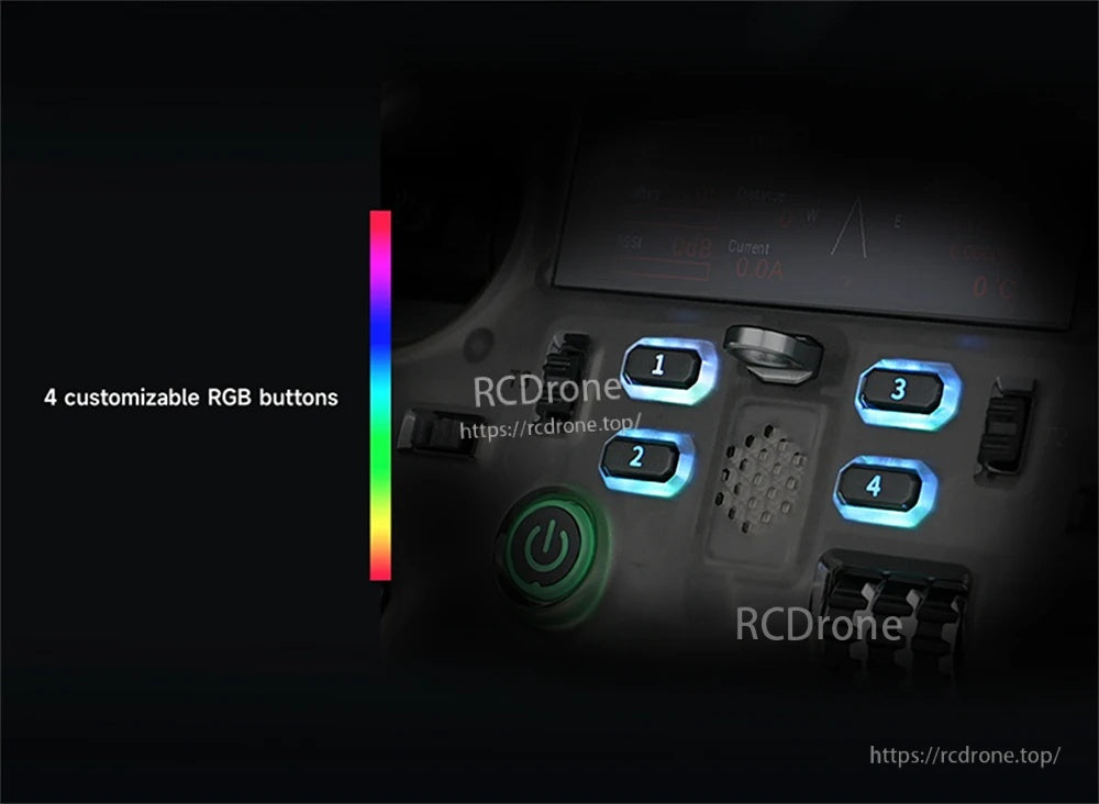 Close-up of the PA01 front controls showing four customizable RGB buttons and the power button