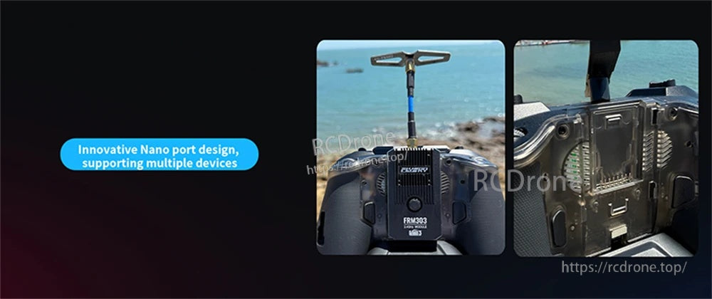 Flysky ProArt PA01 RC radio transmitter close-up showing innovative Nano port design for multiple devices