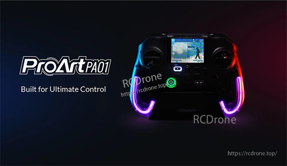 Flysky ProArt PA01 RC radio controller with color screen, dual sticks, switches, and illuminated grips