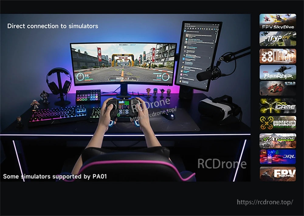 PA01 connected to a PC simulator setup, illustrating direct simulator use with popular FPV sim titles