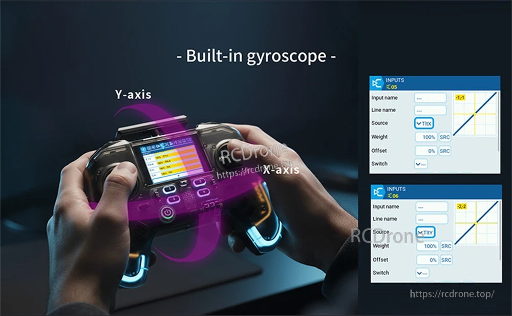 Flysky PA01 in-hand view showing built-in gyroscope function with X/Y axis control mapping screens