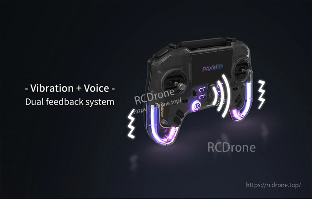PA01 controller highlighting vibration and voice dual feedback system with illuminated grips
