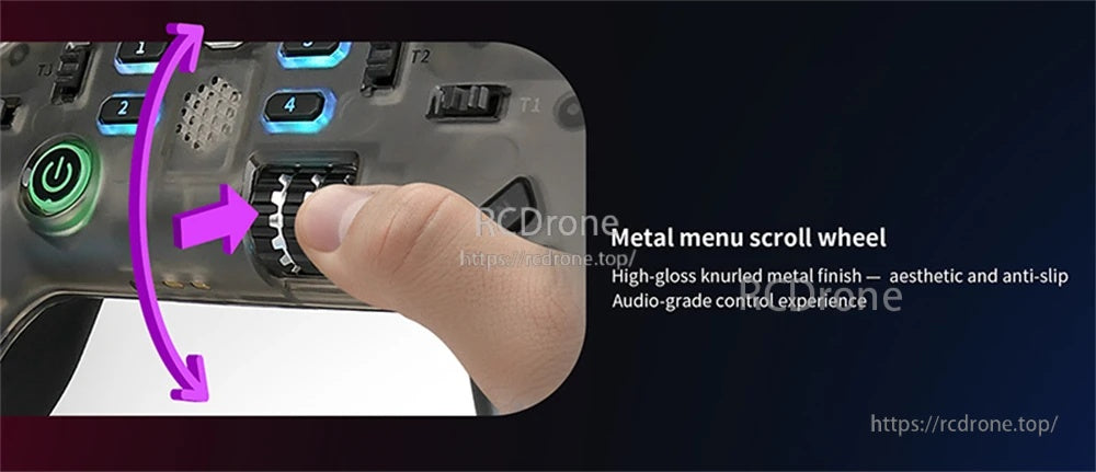 Close-up of knurled metal menu scroll wheel on the PA01, operated by thumb