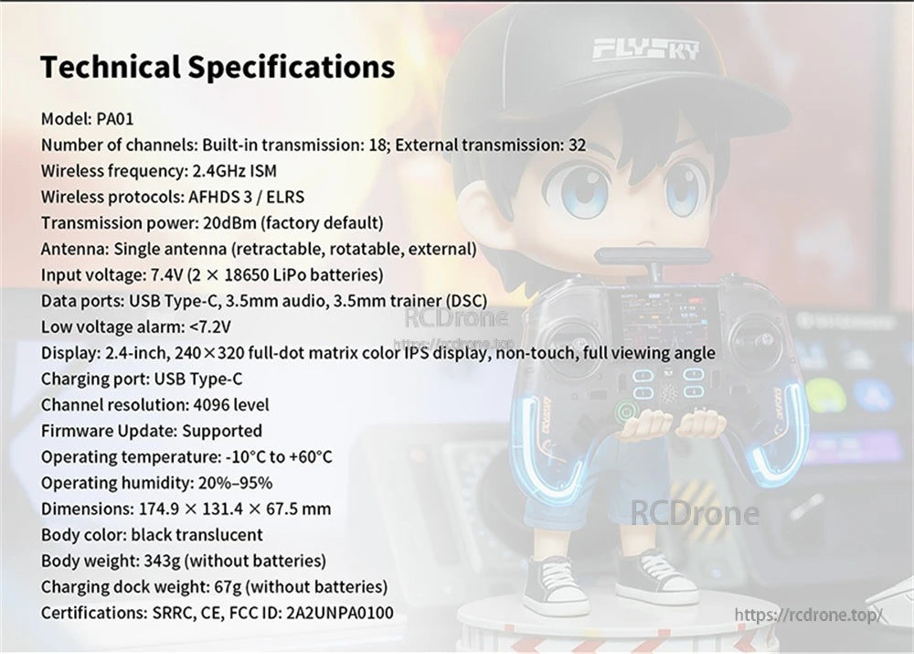 Flysky PA01 radio controller technical specifications listing 2.4GHz, 18 channels, AFHDS3/ELRS, and 2.4in IPS display