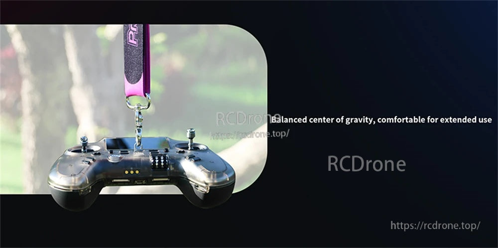PA01 transmitter hanging from a neck strap, emphasizing balanced center of gravity for extended use