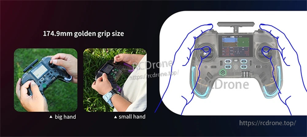 Hand size comparison and grip diagram showing the compact 174.9mm grip span of the ProArt PA01