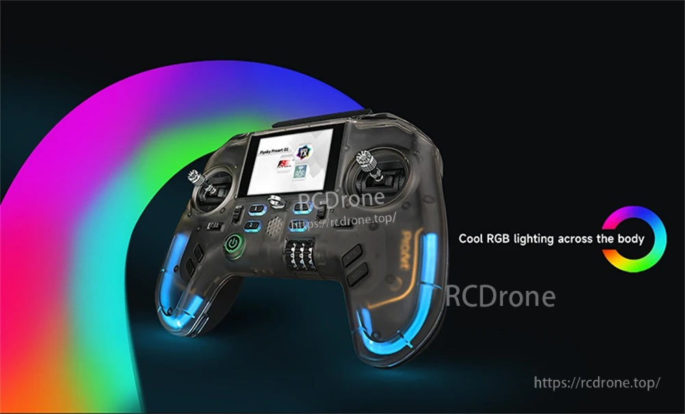 Flysky PA01 controller with body RGB light strips illuminated around the grips