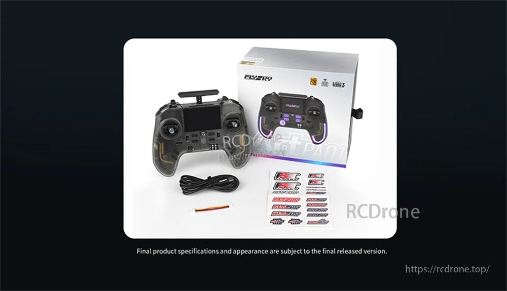 Flysky ProArt PA01 RC radio controller with retail box, USB cable, tool and sticker set on white background