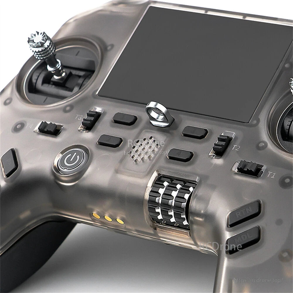 Front panel close-up showing power button, small switches, status LEDs, and dual roller controls