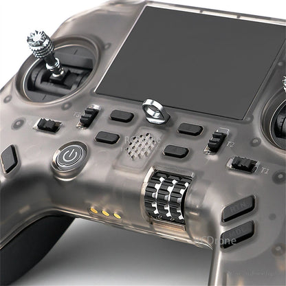 Front panel close-up showing power button, small switches, status LEDs, and dual roller controls
