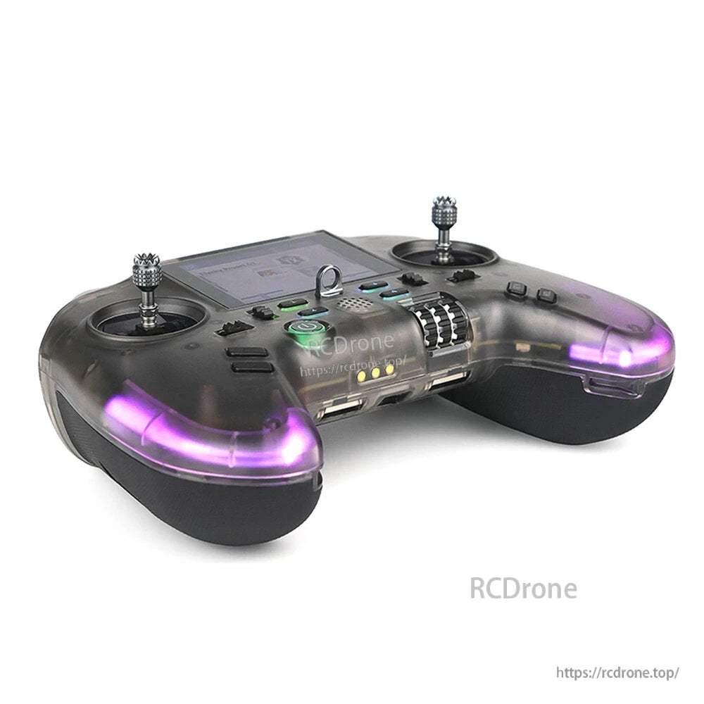 Low front angle view showing purple handle lighting, metal stick ends, and top antenna bracket