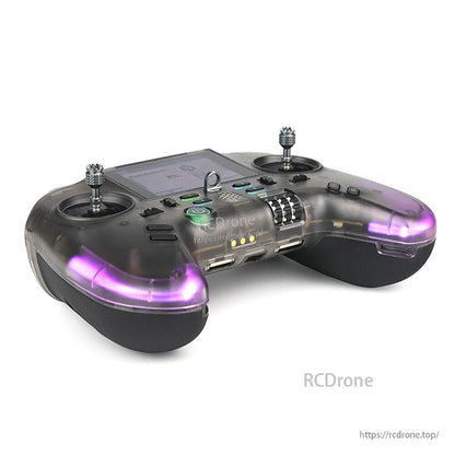 Low front angle view showing purple handle lighting, metal stick ends, and top antenna bracket