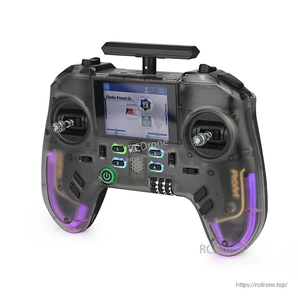 Flysky ProArt PA01 radio controller 3/4 front view showing transparent shell and illuminated handles
