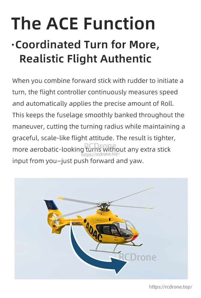 Flywing ACE FBL Helicopter, ACE enables smooth, aerobatic turns by combining forward stick and rudder, with automatic roll adjustment for realistic flight—shown on a yellow ADAC-marked helicopter.
