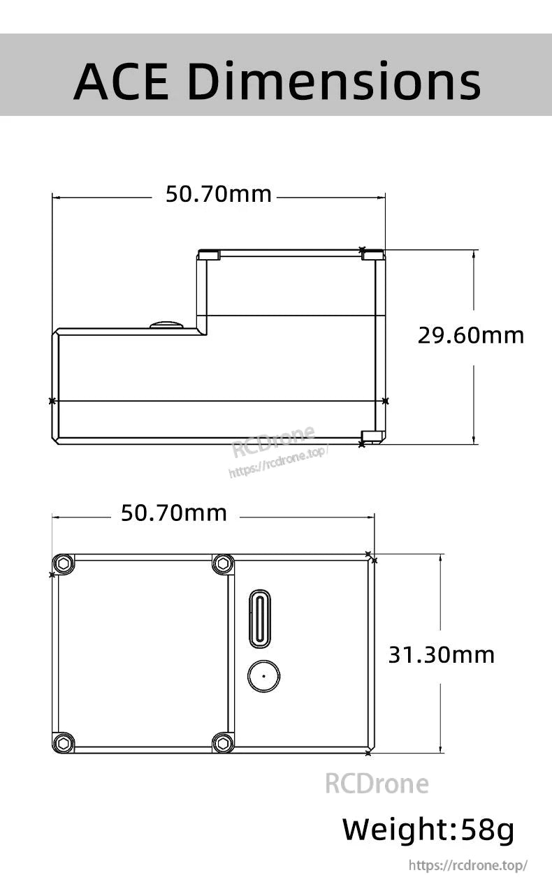 Flywing ACE FBL Helicopter, ACE dimensions: 50.70mm x 29.60mm or 50.70mm x 31.30mm; weight: 58g.