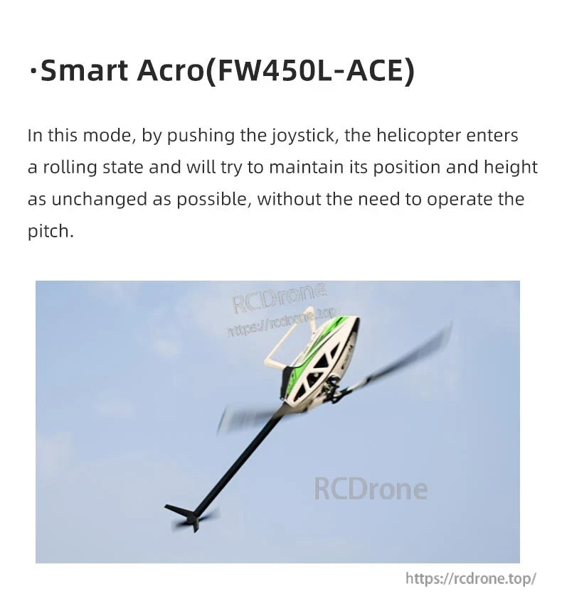 Flywing ACE FBL Helicopter, Smart Acro mode enables helicopters to roll and hold position/height via joystick, eliminating the need for pitch control.