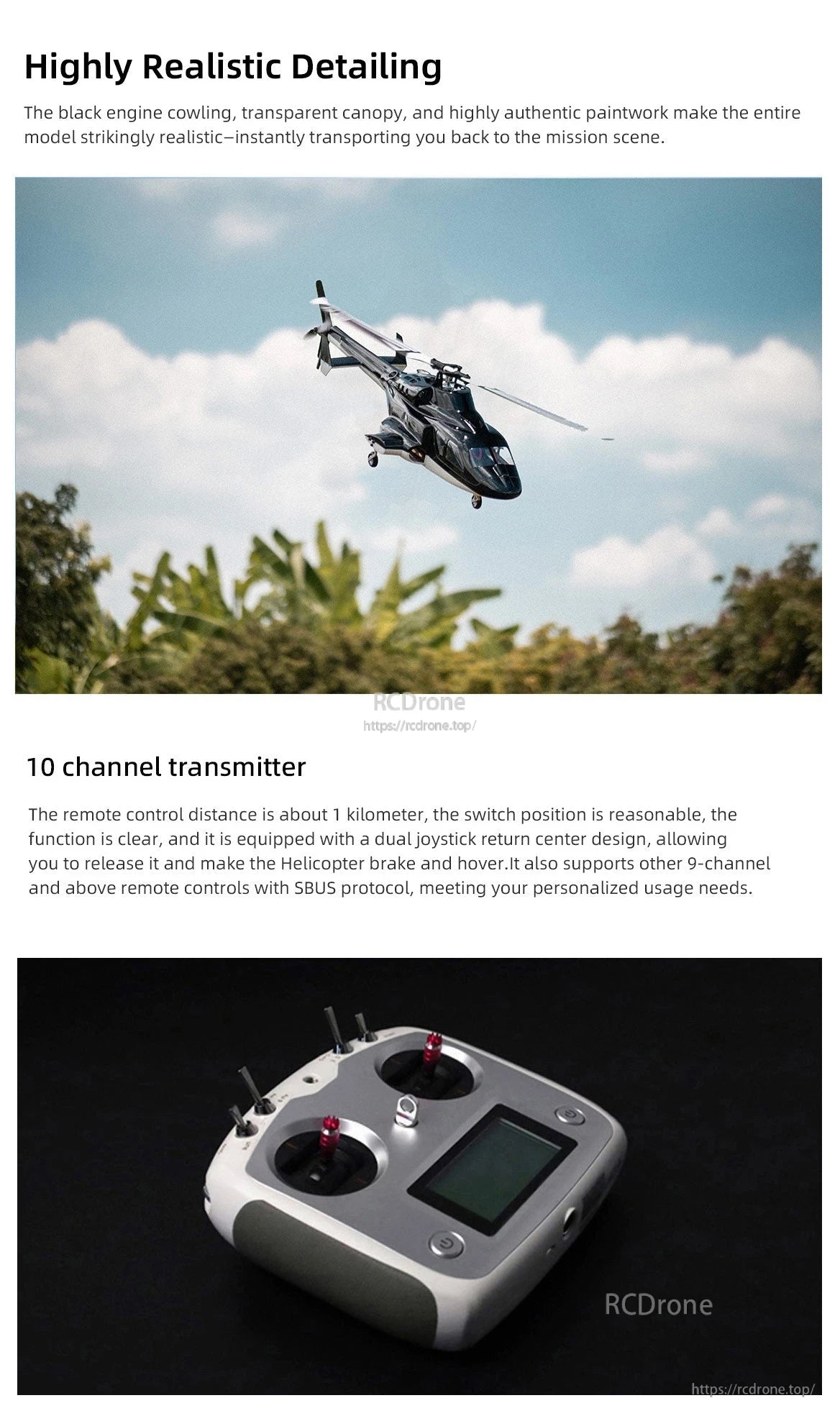 Flywing Airwolf V3 RC Helicopter, A highly realistic model with black engine cowling, transparent canopy, and authentic paintwork. The transmitter has a range of approximately 1km.